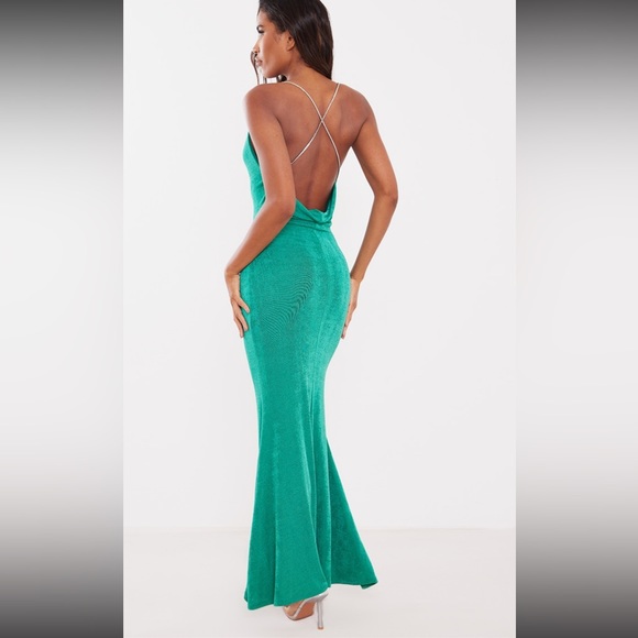 Green Acetate Slinky Diamanté Strap Cowl Back Maxi Dress size 10 - Picture 2 of 8
